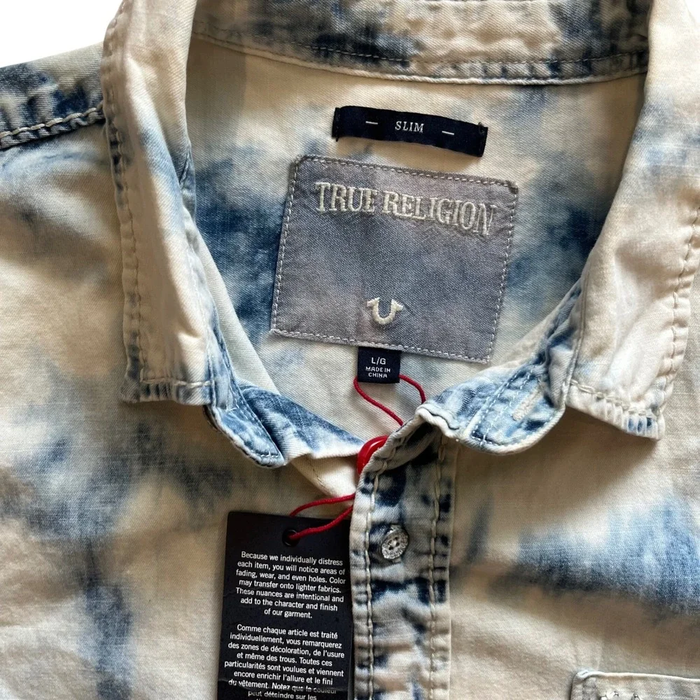 True Religion Mens Bleach Drip Wash Slim Fit LS Single Pocket Shirt MSGAAB8D7 L